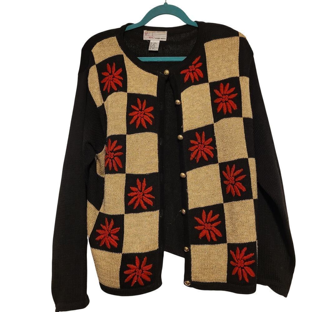 Vintage 80s Womens Milano Cardigan Sweater M Black Red Gold Hand Knitted RARE